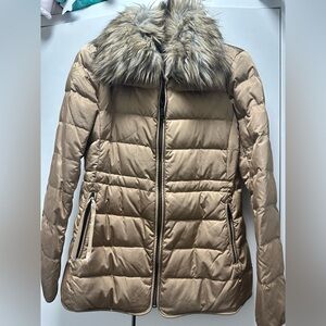 Zara Tan Puffer Jacket with Faux Fur Trim